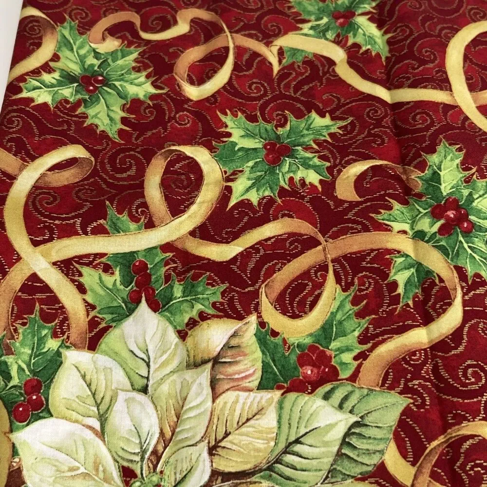 Christmas Fabric Poinsettias Bells Ribbons Holly Cotton Quilting 1 Yd X 42
